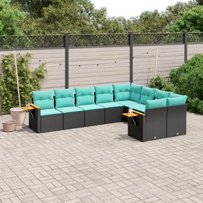 9 pcs conjunto de sofás p/ jardim c/ almofadões vime PE preto