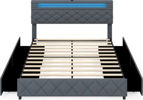 Estrutura de cama 160x200 cm (COLCHÃO NÃO INCLUIDO) com LED USB, estofado, gavetas, cabeceira ajustável, espaço de arrumação, ripas de madeira, não ne