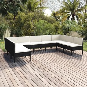 vidaXL 9 pcs conjunto lounge de jardim c/ almofadões vime PE preto