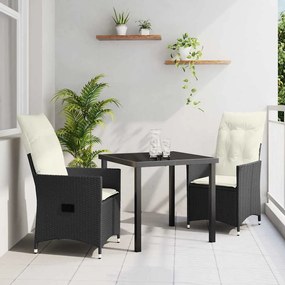 vidaXL Conjunto de Jantar de Jardim em 3 Peças com Almofadas Preto em Rattan Polipropileno