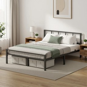 Cama de metal 160 x 200 cm, estrutura de cama robusta com cabeceira e base de ripas, (COLCHÃO NÃO INCLUIDO) Preta