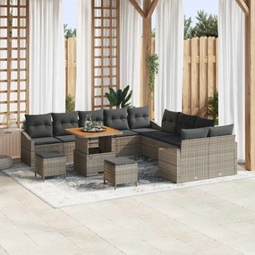 Conjunto de Sofá de Jardim vidaXL com 13 Peças e Almofadas Cinza Rattan Poly Acácia