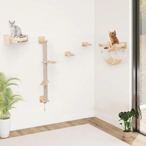 5 PCS Parede de Escalada e Arranhador para Gatos com Plataformas, Postes de Juta, Cama para Gatos, 2 redes Natural