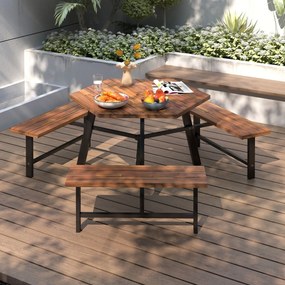Conjunto de mesa e bancos para 6 pessoas em madeira de acácia com 3 assentos, orifício para guarda-sol e estrutura metálica castanha e preta
