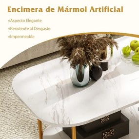 Mesa de centro retangular 100 x 50 x 45 cm com tampo de mármore artificial de 2 níveis com estrutura metálica Branco e dourada