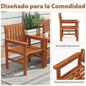 Conjunto de mesa e cadeira jardim de 3 peças para pátio Assentos de madeira para conversação ao ar livre com furo para guarda-sol Castanho