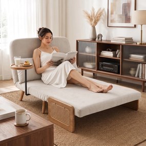 Sofá-Cama 2 Lugares 3 em 1 em Chenille com Encosto Ajustável, Mesa Lateral e 2 Almofadas, Creme