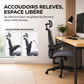 Cadeira de escritório ergonómica com braços 3D e apoio para a cabeça ajustável, cadeira de escritório em malha, cinzenta