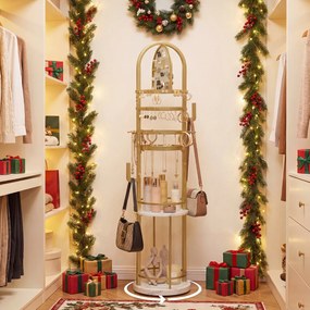 Organizador giratório 360º 33 x 33 x 148 cm com cabides e prateleiras para joias e carteiras Branco e Dourado