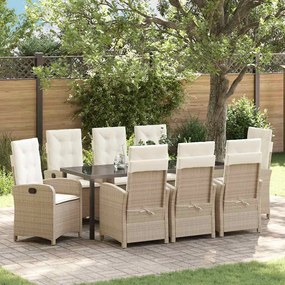 vidaXL Conjunto de Jantar Jardim 9 Peças com Almofadas Bege Rattan Sintético