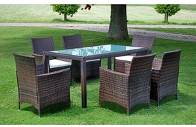 7 pcs conjunto jantar exterior com almofadões vime PE castanho