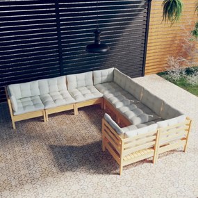vidaXL 8 pcs conjunto lounge jardim c/ almofadões creme pinho maciço