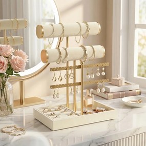 Porta-joias com suporte para anéis removível  15 x 22 x 29,2 cm Branco creme-dourado