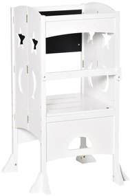 HOMCOM Torre de Aprendizagem para Crianças 3-6 anos de Madeira Torre de Aprendizagem Infantil Dobrável com Ardósia e Barra de Segurança para Casa de Banho Cozinha 56,5x56,5x94cm Branco
