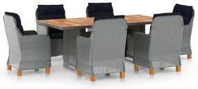 7 pcs conj. jantar exterior + almofadões vime PE cinzento-claro