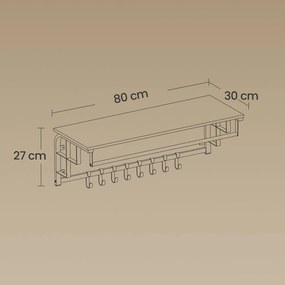 Cabide de parede com prateleira de arrumação de 30 x 80 x 27 cm preto