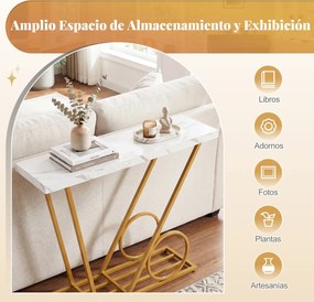 Mesa Consola moderna 100 x 29,5 x 81 cm com tampo em mármore sintético e Estrutura metálica para corredor, sala de estar ou entrada, Branca e Dourada