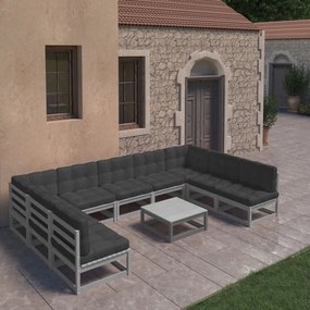 10 pcs conj. lounge de jardim + almofadões pinho maciço cinza