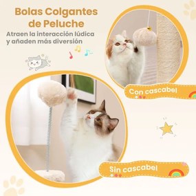 Arranhador para gatos de 2 níveis com rede Cama de pelúcia para gatos Bola suspensa Bege