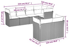 7 pcs conj. sofás jardim com almofadões vime PE cinzento-claro