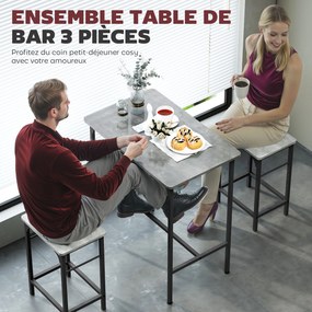 Conjunto de mesa de bar com 2 bancos, estrutura em aço para cozinha, sala de jantar e sala de estar, cinzento