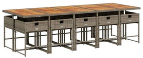 11 pcs conjunto jantar p/ jardim c/ almofadões vime PE cinzento