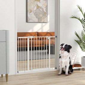 Barreira de Segurança para Cães 74-100 cm com Extensões, Montagem por Pressão e Duplo Bloqueio, Branco