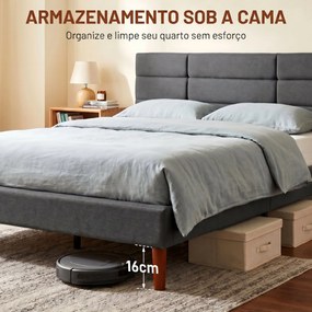 Cama Estofada 140x200 cm (COLCHÃO NÃO INCLUIDO) com Cabeceira Almofadada, Estrado de Ripas e Espaço Livre Inferior, Cinzento