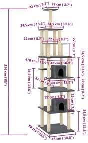 Árvore p/ gatos c/ postes arranhadores sisal 216cm cinza-escuro