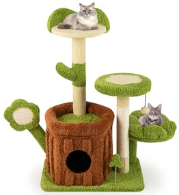 Arranhador para gatos para gatos com tronco, poleiro em forma de flor, cama, pompons, postes e painel para arranhar, verde e castanho