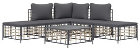 6 pcs conjunto lounge de jardim c/ almofadões vime PE antracite