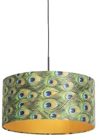 Candeeiro de suspensão com abajur de veludo azul-petróleo com dourado 50 cm - Combi Clássico / Antigo