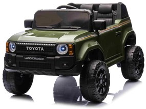 Jipe elétrico para crianças Toyota Landcruiser 12V controlo remoto de 2,4 GHz, entrada USB/AUX, Bluetooth, suspensão, bateria de lítio, luzes LED Verd