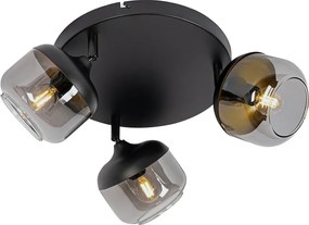 Candeeiro de teto design preto com dourado e vidro fumê 3-luzes redondo - Kyan