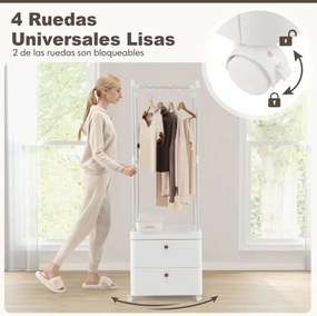 Guarda Roupa com 2 Gavetas Rodas Barra de Pendurar 4 Ganchos para Hall de Entrada Quarto Vestiário Branco