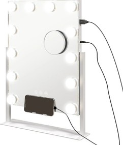 Espelho de Maquilhagem Estilo Hollywood com Luzes 12 Lâmpadas LED 3 Modos de Iluminação e Entrada USB 36,5x8,5x45,5 cm Branco