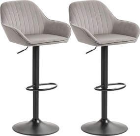 Conjunto de 2 bancos de bar, cadeiras de bar em veludo com encosto, apoio para os pés, altura ajustável e giratórias, na cor cinzenta