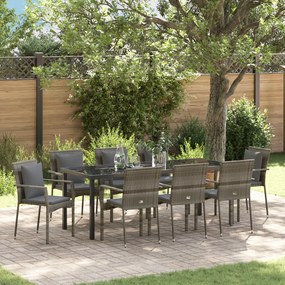vidaXL Conjunto de Jantar Jardim de 9 Peças com Almofadas Cinza Poliratan