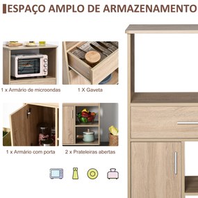 Carrinho de Cozinha para Microondas com 4 Rodas e Freios Gaveta Prateleiras abertas Compartimento com porta 60x40x108 cm Carvalho