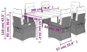 7 pcs conjunto de jantar p/ jardim c/ almofadões vime PE preto