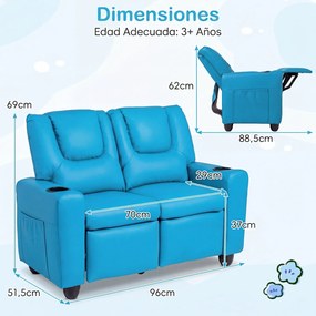 Sofá Infantil de 2 Lugares, 96 x 51,5 x 69 cm, Reclinável, Azul