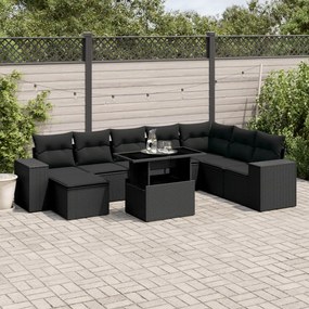 9 pcs conjunto de sofás p/ jardim c/ almofadões vime PE preto