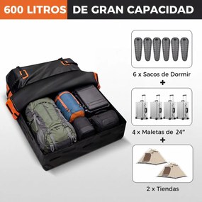 Mala de tejadilho universal para carro 131 x 101 x 45 cm, impermeável em PVC, 600 L, com 6 ganchos, 10 correias, faixas refletoras e saco de transport