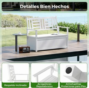 Banco jardim 123 x 68,5 x 96 cm com armazenamento para pátio com 185 L para 2 pessoas com encosto e braços branco