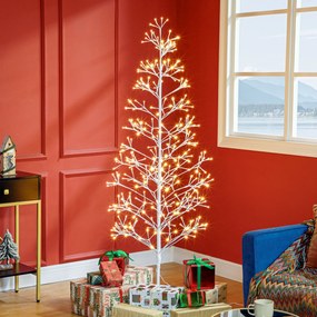 Árvore de Natal Artificial 180 cm com 384 Luzes LED Branco-Quente Ramos Flexíveis Base de Aço Branco