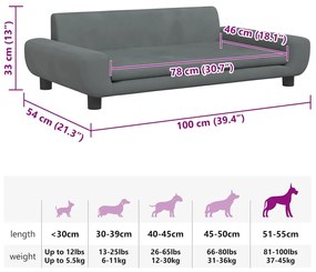 Cama para cães 100x54x33 cm veludo cinzento-escuro