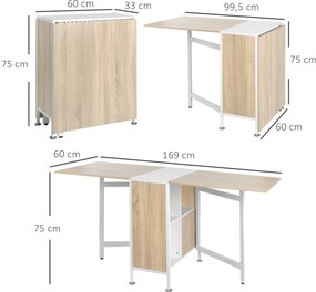 Mesa Dobrável (CADEIRAS NÃO INCLUIDAS) de Arrumação 4 Prateleiras para Sala de Jantar Sala de Estar Mesa Auxiliar de Madeira 169x62x75 cm Carvalho e B