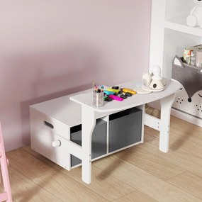 Banco para Crianças Conversível 3 em 1 Conjunto de Mesa e Cadeira Baú de Brinquedos com Cubos de Tecido Removíveis Branco