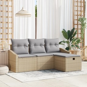Conjunto de Sofá de Jardim de 4 Peças com Almofadas Bege de Rattan Pol