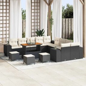 Conjunto de Sofá de Jardim de 14 Peças com Almofadas Preto Rattan Polipropileno Acácia
